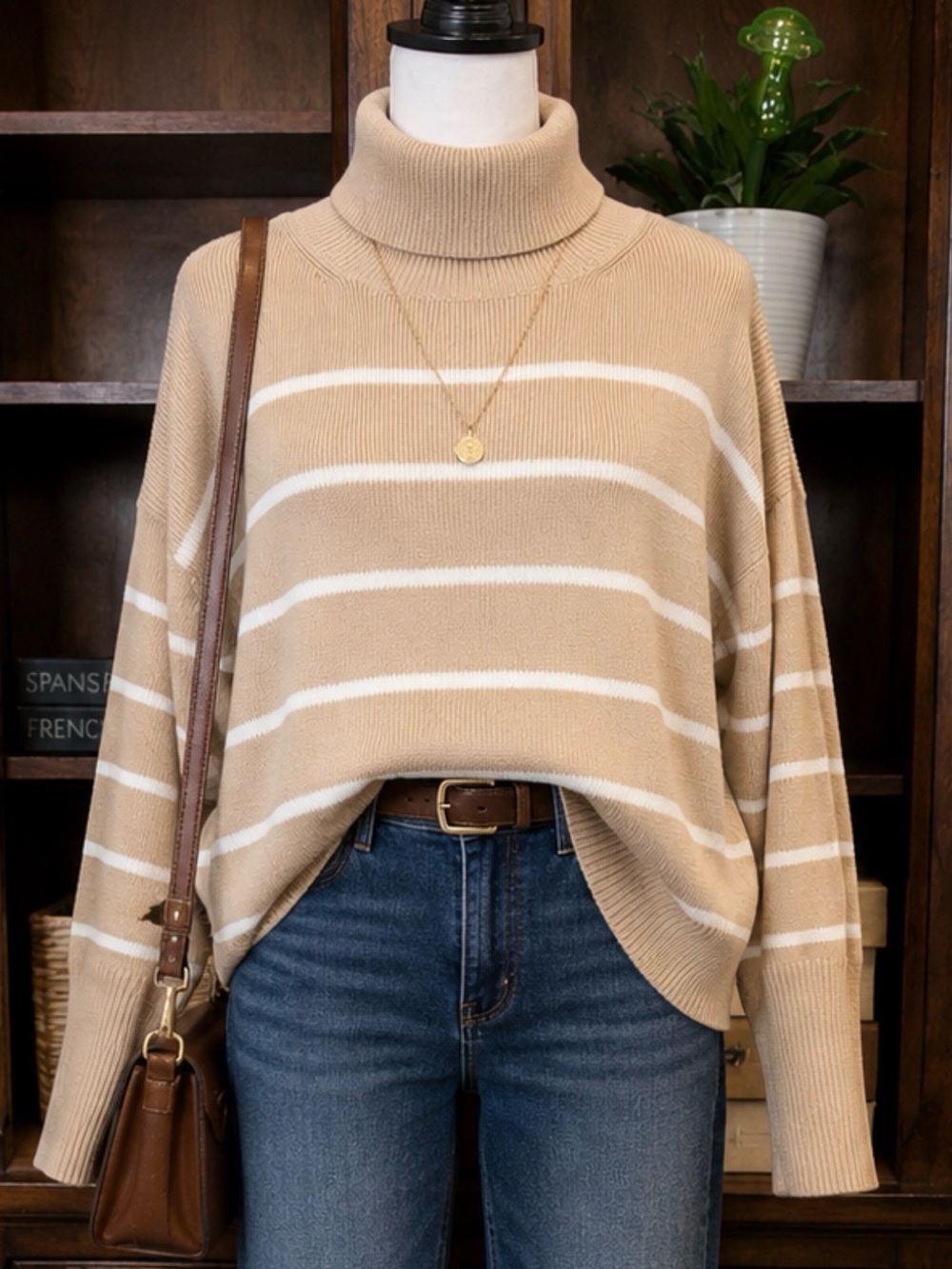 LAKE Madeline 100% Cotton Drop Sweater XL | Driftwood Ivory Stripe Oversized